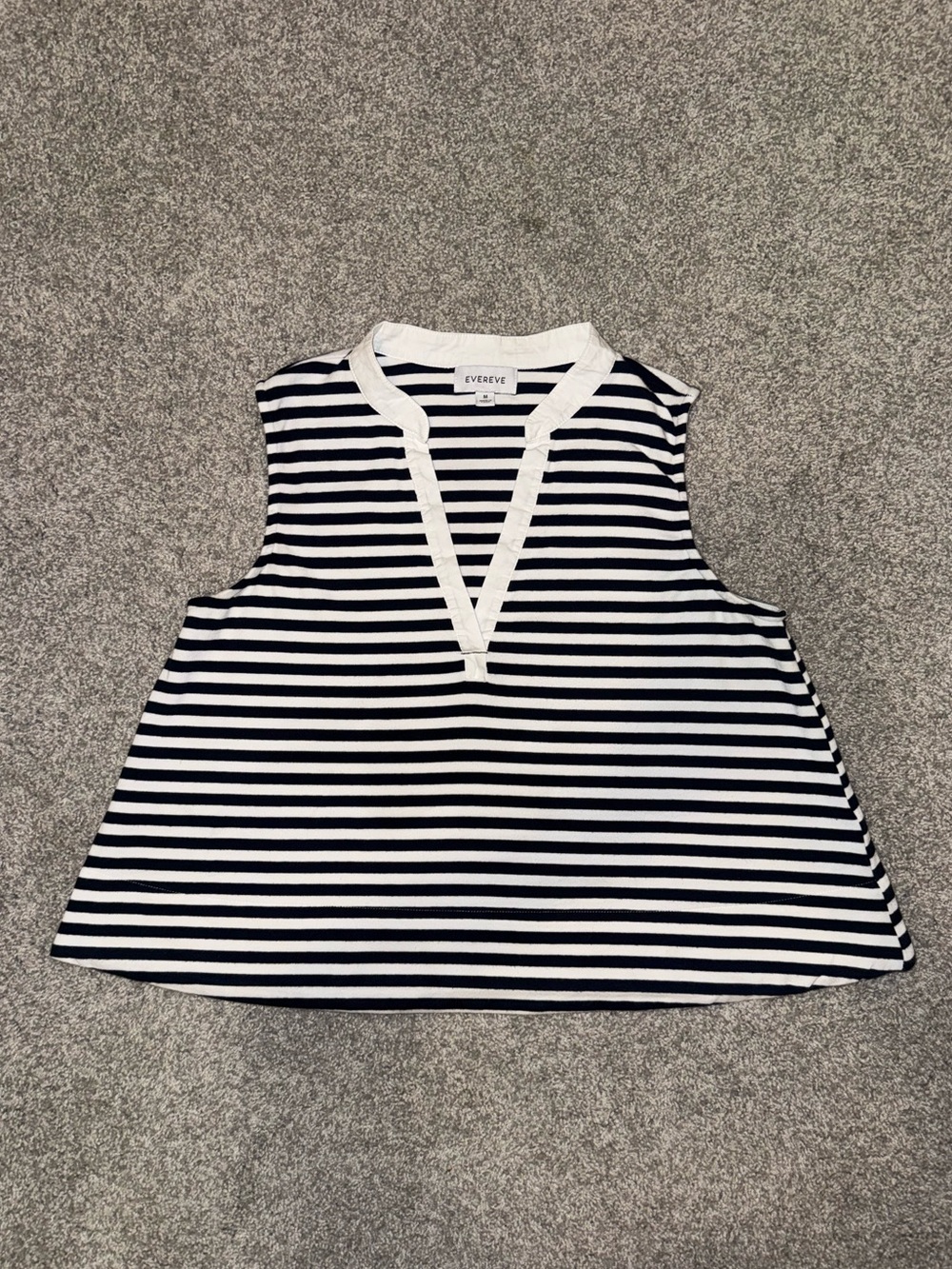Evereve Navy & White Striped Sleeveless Split‑Neck Top